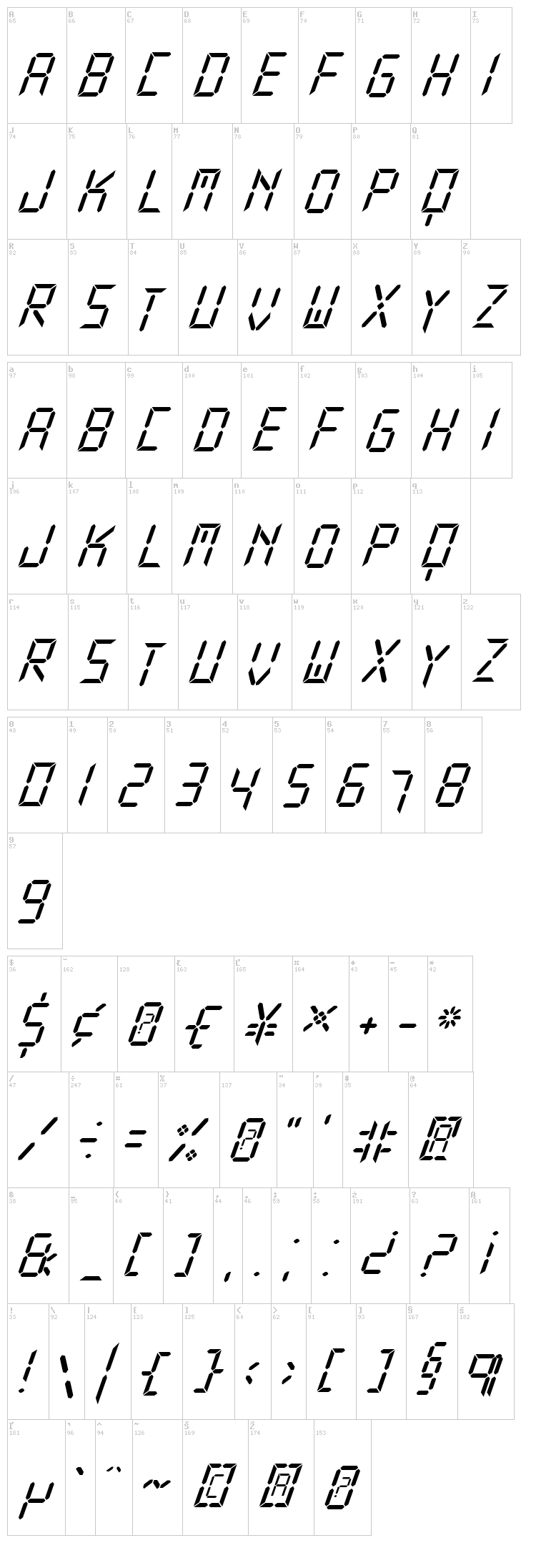 New X Digital TFB font map